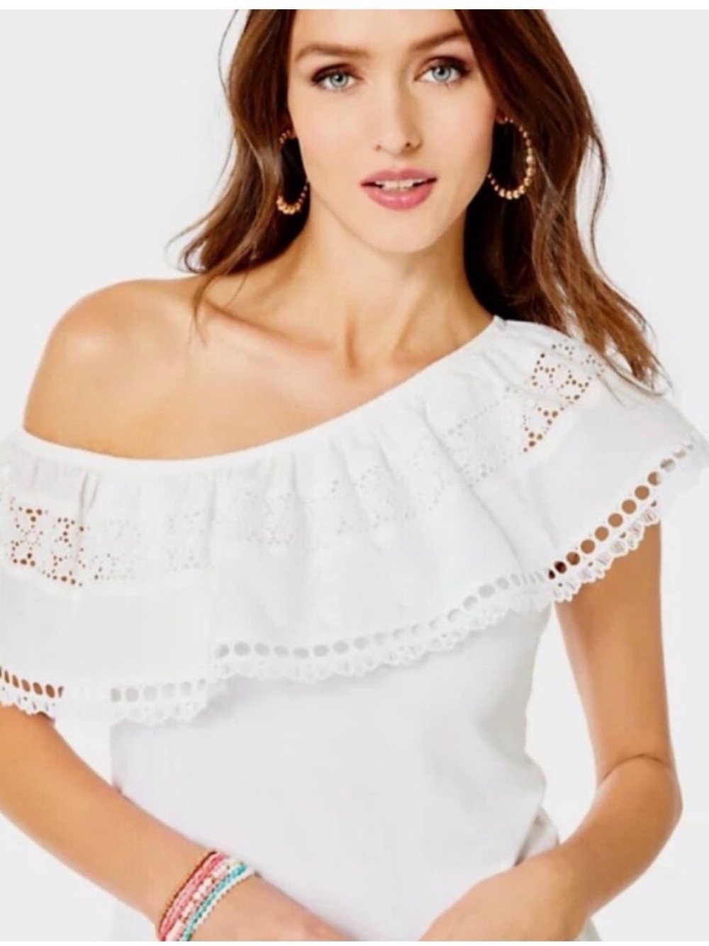 Lilly Pulitzer White One-Shoulder Eyelet Ruffle Top